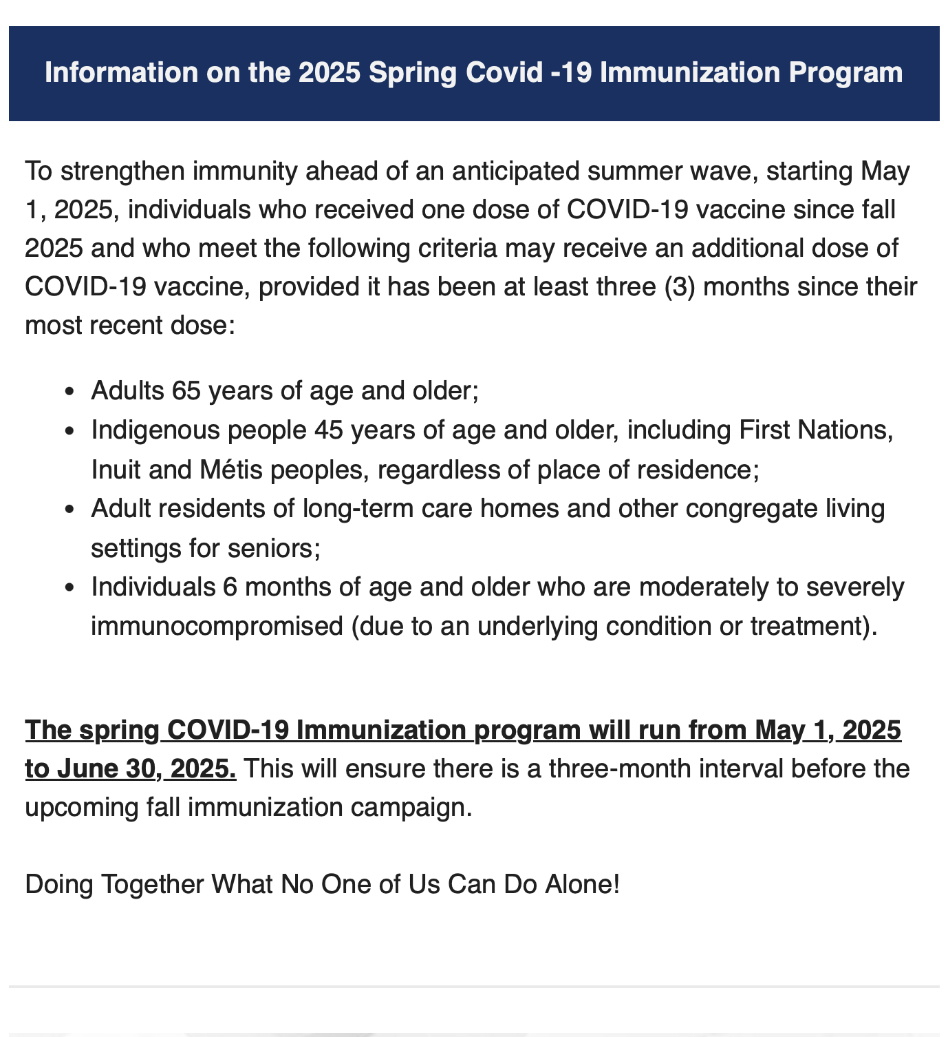 Information on the 2025 Spring Covid-19 Immunization Program
